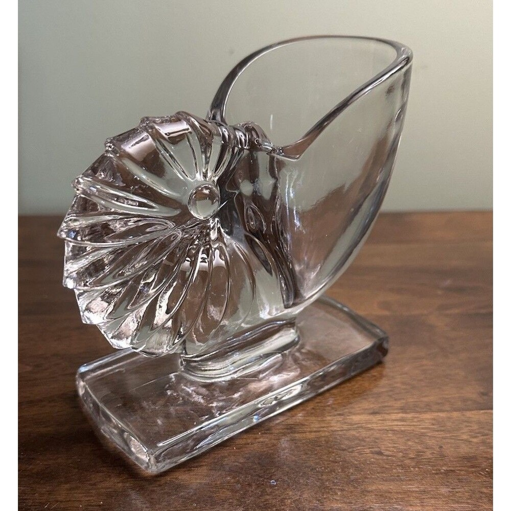New Martinsville 1940's Clear Elegant Glass Nautilus Seashell Conch Vase Bookend